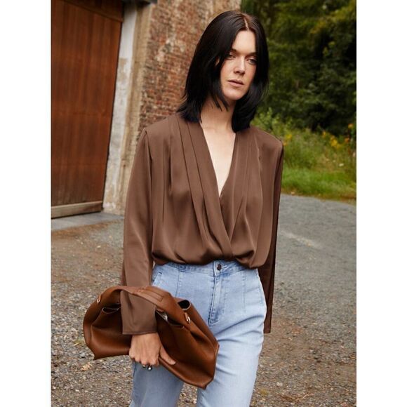 5/$25 SALE Brand New Shein Motf Premium Straight Fit Draped Top in Coffee Brown - Picture 1 of 16